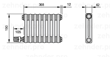 Схема (чертеж) Радиатор Zehnder Charleston 2019/8 №V003 Белый глянцевый RAL 9016